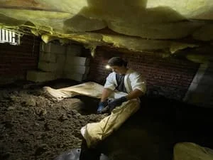 Crawl space with plastic moisture barrier and gravel base installation