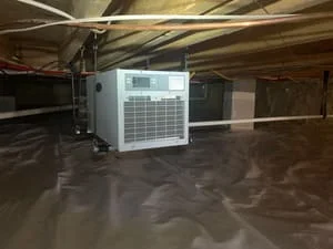 Dehumidifier unit installed in crawl space with sealed concrete floor and moisture control system