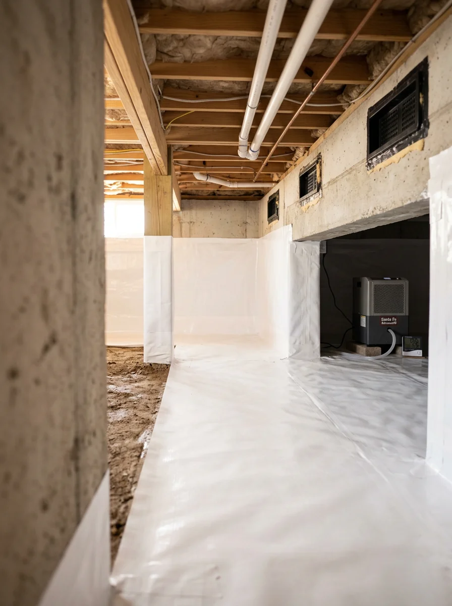 Freshly installed vapor liner covering the floor and walls of an Ayden, NC crawl space, with sealed foundation vents and a dehumidifier unit visible in the background.