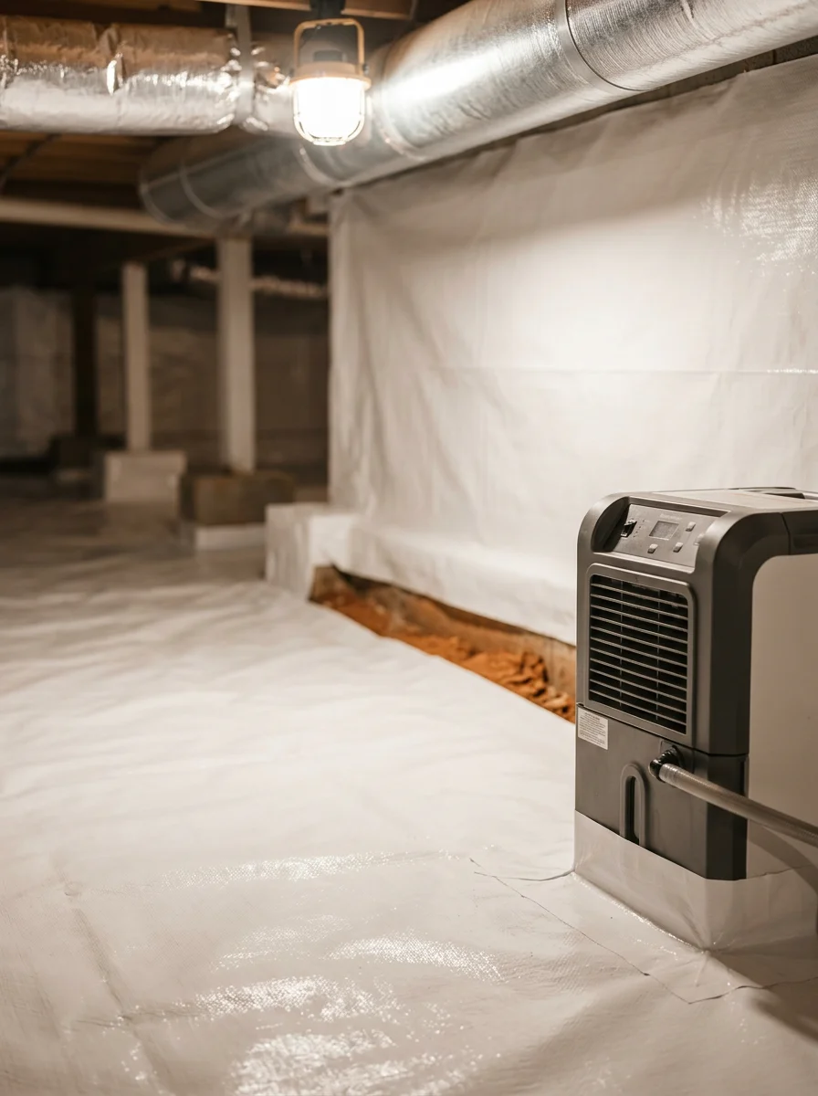 Encapsulated crawl space beneath a Greenville, NC subdivision home showing white vapor liner on walls and floor with a dehumidifier unit in the corner.