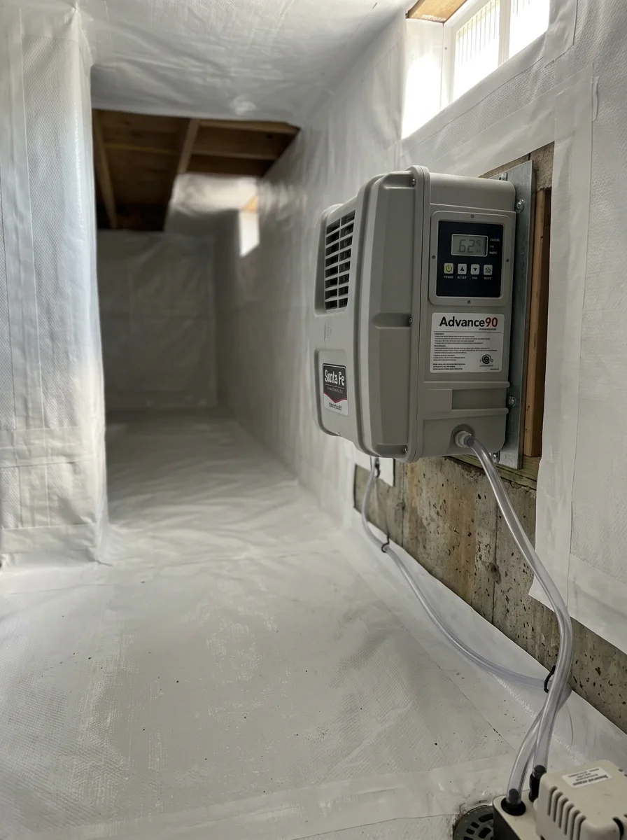 Close-up of a dehumidifier unit mounted in an encapsulated crawl space under a Pitt County home, with sealed vapor liner covering the walls and floor.