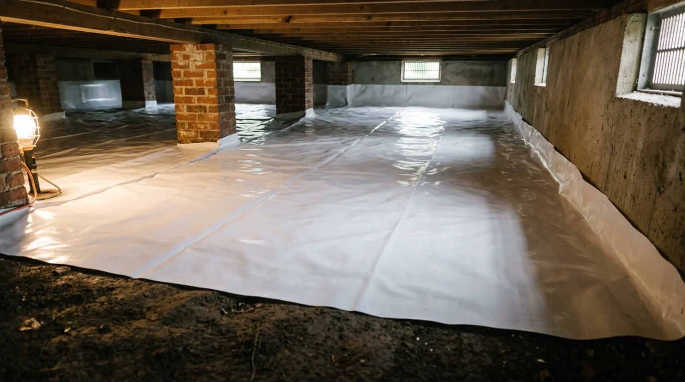 Technician installing a vapor liner across the dirt floor of a crawl space beneath a ranch-style home in Grimesland, NC, with foundation vents visible in the background.