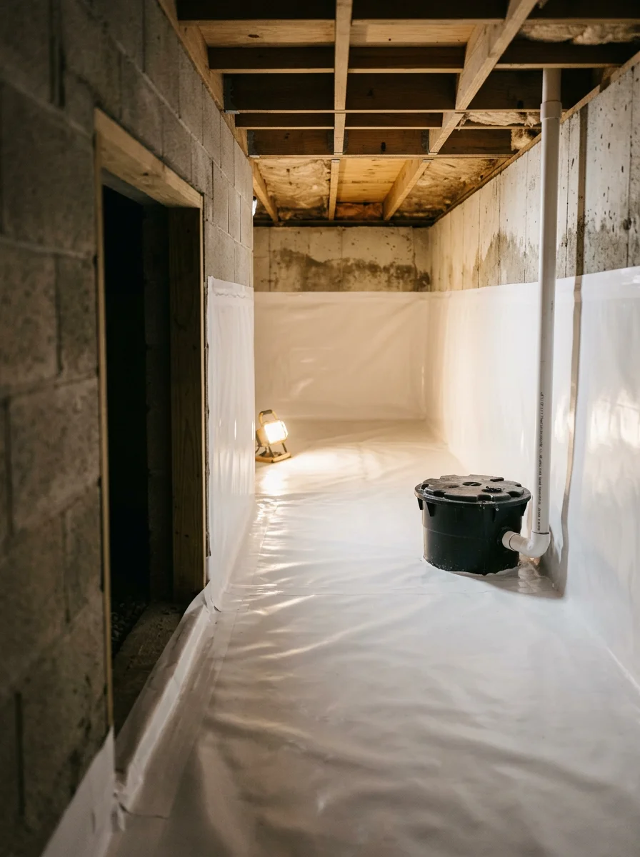 Newly encapsulated crawl space in a Craven County home showing a white vapor liner on the floor and walls with a sump pump crock installed in the corner.