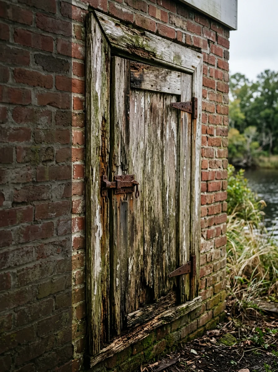 Rotted and warped crawl space access door on an older Washington, NC home near the Pamlico River waterfront, showing moisture damage to the wood frame.