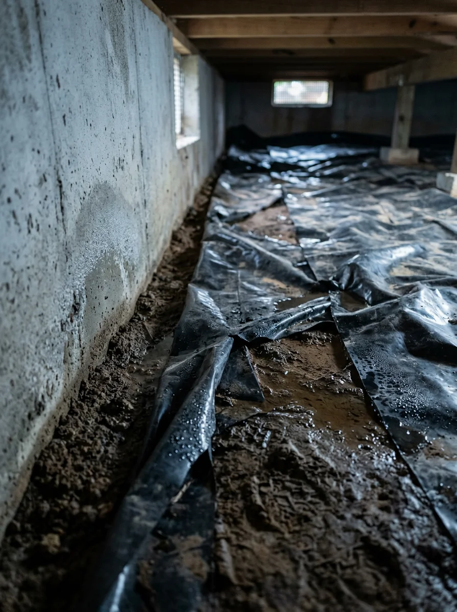 Builder-grade vapor liner with unsealed seams on the floor of a Winterville, NC crawl space, showing gaps where ground moisture can evaporate into the space.