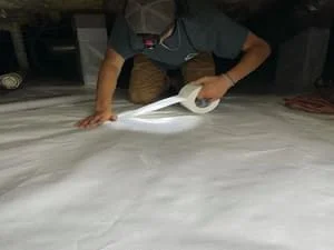 A clean crawl space beneath a residential home in Grimesland, NC, showing freshly installed insulation along the floor joists with no sagging or moisture damage visible. The space is dry and clear, with a vapor barrier covering the ground below.