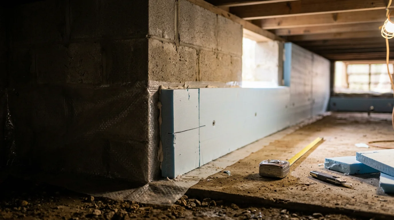 Rigid foam board insulation panels installed along the interior foundation walls of a sealed crawl space beneath a home in Grimesland, NC. The boards are cut to fit flush against the concrete block perimeter wall, with gaps sealed at the edges.