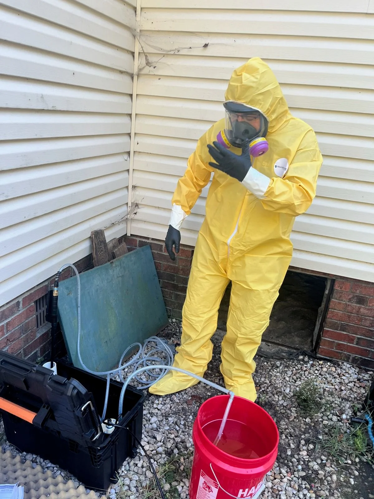 A crawl space technician scrubbing mold from wooden floor joists beneath a home in Grimesland, NC, with a spray applicator and work light visible in the confined space. The treated joist surfaces show cleaned wood framing after mold and staining have been removed.