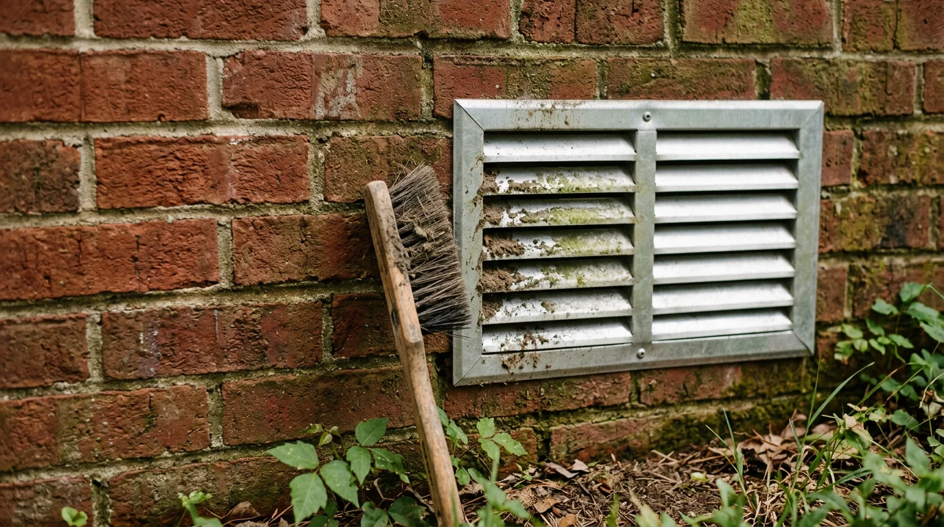A crawl space contractor cleaning debris and buildup from a foundation vent opening on a home in Grimesland, NC. The vent screen and surrounding masonry are visible, with removed material collected nearby.